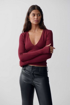 Women Gina Tricot Soft Touch V-neck Top Red | 45TYAWUMJ
