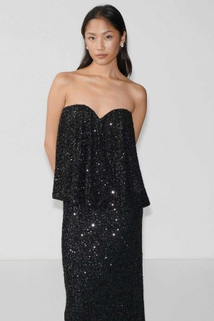 Women Gina Tricot Strapless Sequin Top Black | 71MPHABWR