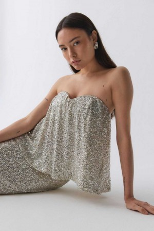 Women Gina Tricot Strapless Sequin Top Silver | 92HRYBKUT