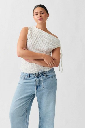 Women Gina Tricot Structure Asymmetric Top White | 98RIJUEKO