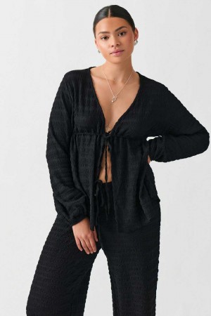 Women Gina Tricot Structure Top Black | 63QMGBKCV