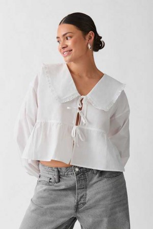 Women Gina Tricot Tie Collar Blouse White | 62SIJXORE