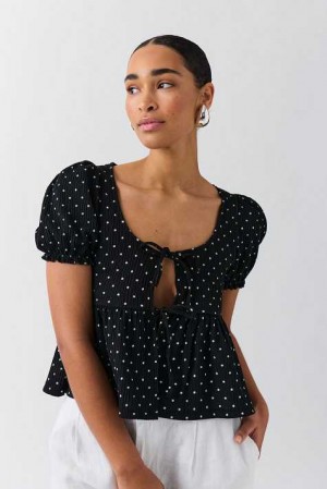 Women Gina Tricot Tie Front Blouse Black | 28XBAQYFR
