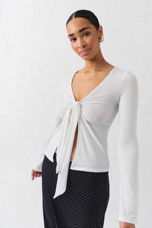 Women Gina Tricot Tie Front Long Sleeve Top White | 58NBVJIAW