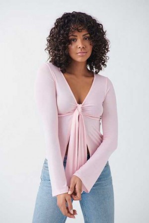 Women Gina Tricot Tie Front Long Sleeve Top Pink | 53MRDHEYA