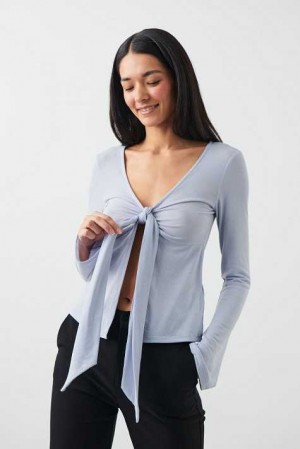Women Gina Tricot Tie Front Long Sleeve Top Blue | 95TZNVLHG