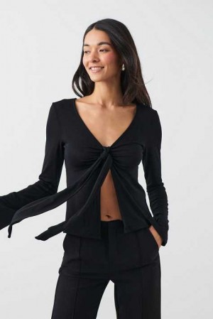 Women Gina Tricot Tie Front Long Sleeve Top Black | 52ZDAUPQI