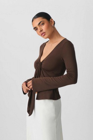 Women Gina Tricot Tie Front Long Sleeve Top Black | 64DSXUNIA
