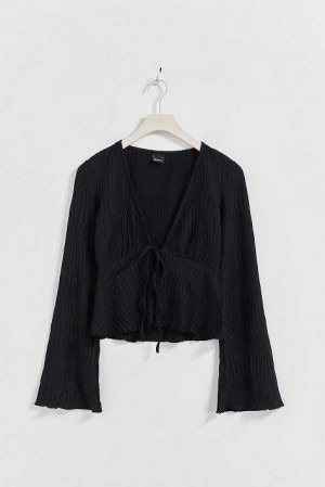 Women Gina Tricot Tie Front Top Black | 37XAQDKCS