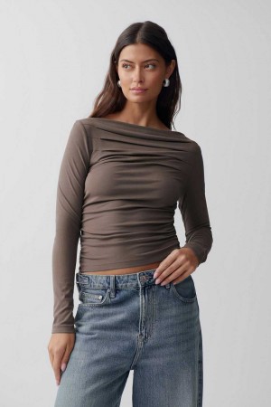 Women Gina Tricot Tight Boatneck Top Beige | 15IMQVWCG