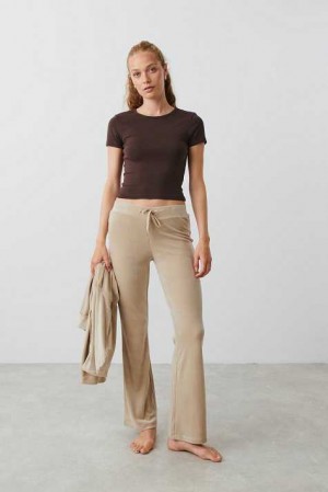 Women Gina Tricot Velour Trousers Beige | 39QBTACSG