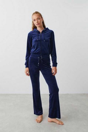 Women Gina Tricot Velour Trousers Blue | 25TKJLMCQ