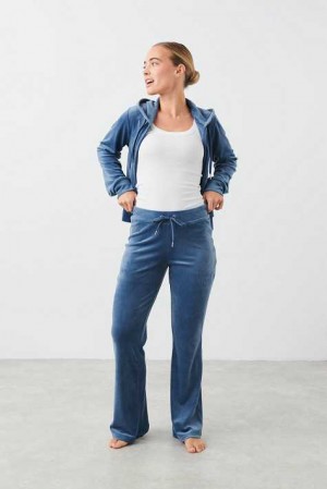 Women Gina Tricot Velour Trousers Blue | 94FEJRONA
