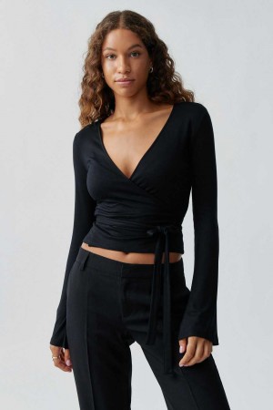 Women Gina Tricot Wrap Top Black | 69ANKRYUP