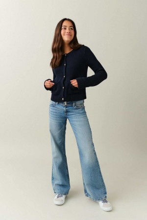 Young Gina Tricot Low Waist Wide Jeans Blue | 38GVDLIYZ