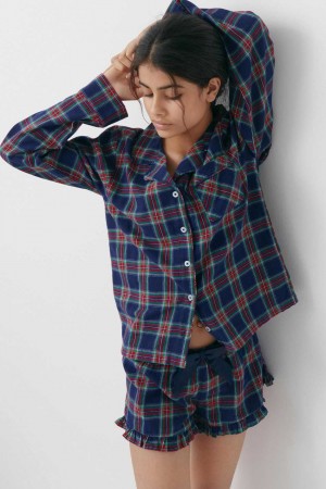 Young Gina Tricot Y Flannel Shorts Blue | 19GPWQOFH