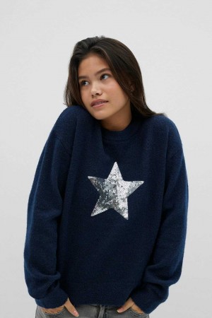 Young Gina Tricot Y Knitted Star Sweaters Blue | 42RAFLDWU