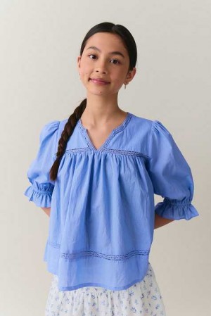 Young Gina Tricot Y Puff Sleeve Blouse Blue | 18HWRZFLV