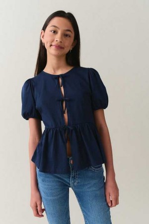 Young Gina Tricot Y Puff Sleeve Top Blue | 10HWNIXGB