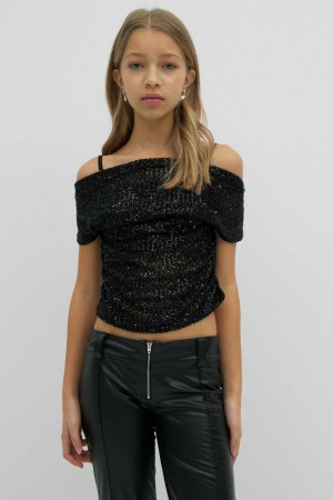 Young Gina Tricot Y Sequin Off Shoulder Top Black | 49HOEQWFX