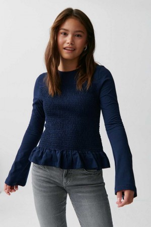 Young Gina Tricot Y Smock Long Sleeve Top Blue | 74FYCNXMG