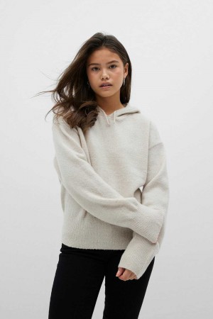 Young Gina Tricot Y Soft Knitted Hoodie White | 45JNCBARD
