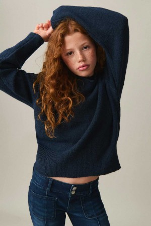 Young Gina Tricot Y Soft Knitted Hoodie Blue | 51IUMYASR